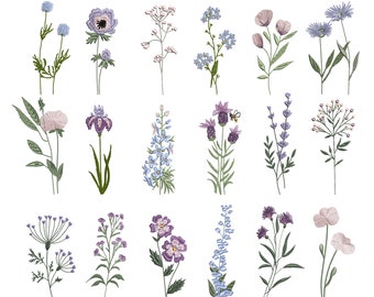 Belle Wildflower Maschinenstickerei-Design-Bundle, 18 florale Mini-Mini-Blumen, Sofort-Download-Muster, Zip-Datei – 8 Größen