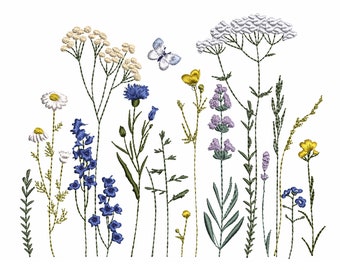 May include: Embroidered design of a variety of wildflowers, including daisies, lavender, and bluebells, with a butterfly flying above them.