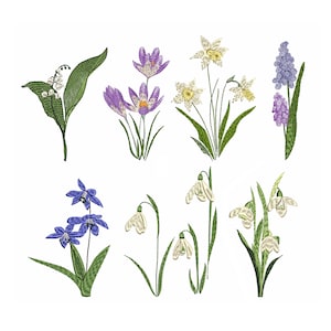 8 Spring Flowers Machine Embroidery Design Bundle, Crocus, Daffodil, Lily of the Valley, Snow Drops Pattern Instant Download Zip - 5 sizes