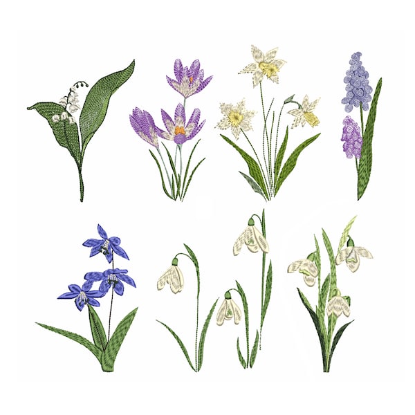 Paquete de 8 diseños de bordado a máquina de flores de primavera: azafrán, narciso, lirio de los valles y campanillas de invierno. Descarga instantánea (zip). 5 tamaños.