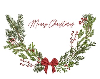 May include: A green Christmas wreath with red berries and a red bow. The wreath has the text "Merry Christmas" in red cursive.