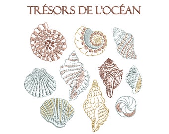 Unusual Sea Shell Machine Embroidery Design Collection, Shells Algae Seashells Pattern Instant Download Zip, 10 elements, 6 sizes