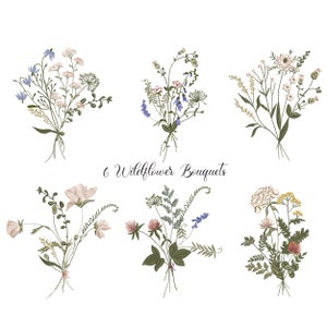 6 Wild Flower Bouquets Machine Embroidery Design, Floral Botanical Mini Wildflower Pattern Instant Download Zip - 6 sizes