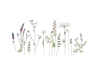 May include: An embroidery design featuring a collection of various wildflowers in shades of purple, pink, yellow, white, and green. The arrangement includes tall stems, delicate petals, and leafy foliage, all rendered with fine, detailed stitching.