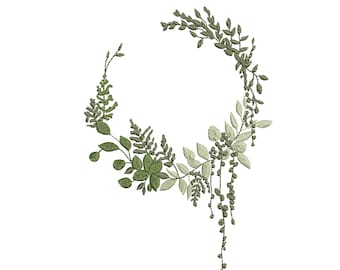 May include: A green and white floral wreath with leaves and berries. The wreath is circular and has a rustic, natural look.