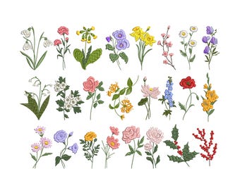24 Mini Tiny Birth Flower Bundle Machine Embroidery Design, Instant Download Pattern Zip File- 6 Sizes