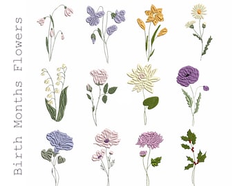 May include: A set of 12 embroidered floral illustrations representing birth month flowers. The flowers are depicted in various colors, including purple, blue, yellow, white, and pink.