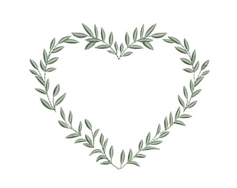 May include: An embroidery design featuring a heart-shaped wreath composed of sage green leaves and stems. The pattern is created with detailed stitching, forming a continuous outline of foliage that curves into a symmetrical heart shape.