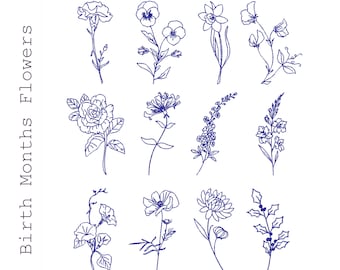 May include: A set of twelve blue line drawings of flowers, each representing a different month of the year. The text "Birth Months Flowers" is on the left side of the image.