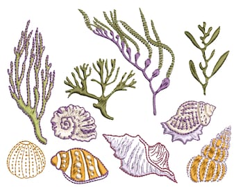 Magical Sea Machine Embroidery Design Collection, Shell Algae Seashells Pattern Instant Download Zip, 10 elements, 5 sizes