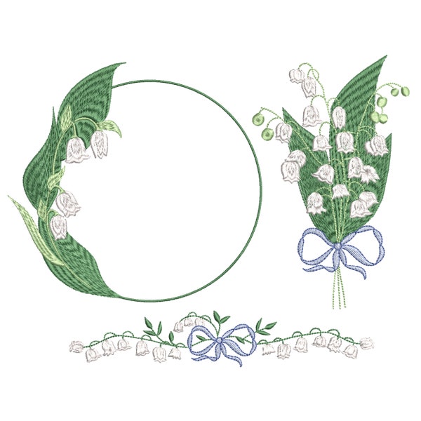 Lily of the Valley Monogram Wreath, Border and Bouquet Machine Embroidery Design Bundle, Flower Hoop Pattern Instant Download Zip - 6 sizes