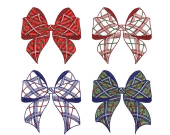 May include: Four plaid bows in different colors: red, blue, green, and white. The bows are all tied in a similar style with the ends of the ribbon flowing down.