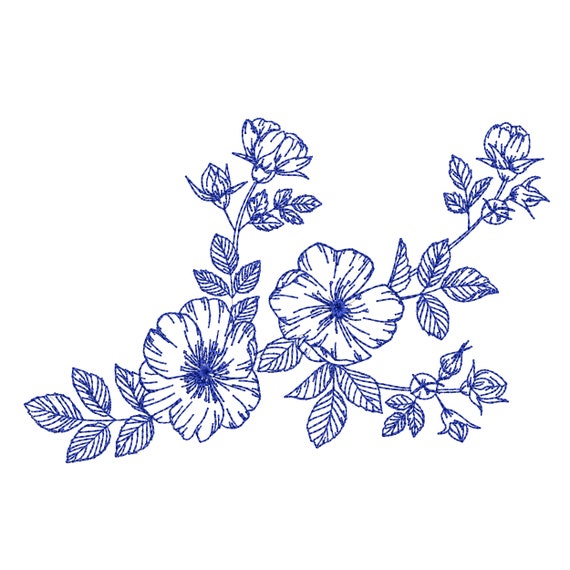 Wild Rose Flower Machine Embroidery Design, Chinoiserie Blue