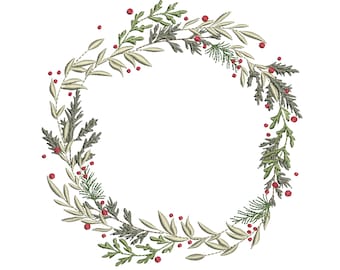 May include: A green and white wreath with red berries. The wreath is made of various types of greenery, including pine, cedar, and eucalyptus.