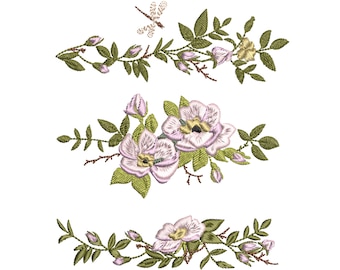 May include: Three embroidered floral designs featuring pink and white flowers with green leaves and stems. The top design includes a dragonfly. The middle design features a cluster of flowers. The bottom design features a vine of flowers.