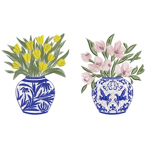Chinoiserie Tulip and Hydrangea Vase Machine Embroidery Design Set, Blue and White Flower Pattern Instant Download Zip - 6 sizes