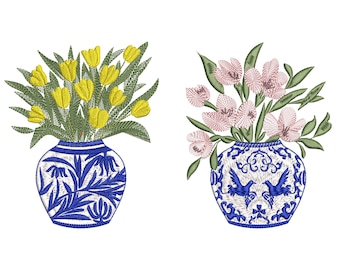 Chinoiserie Tulip & Hydrangea Vase Machine Embroidery Design, 6 sizes (Instant Download)