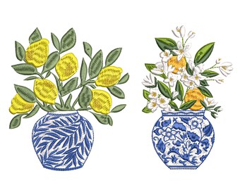 Chinoiserie Lemon and Orange Blossom Vase Machine Embroidery Design Set, Blue and White Flower Pattern Instant Download Zip - 8 sizes