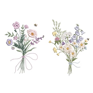 Wild flower Bouquet Machine Embroidery Design Set, 2 Easter Floral Meadow Bouquets Instant Download Zip - 8 Sizes