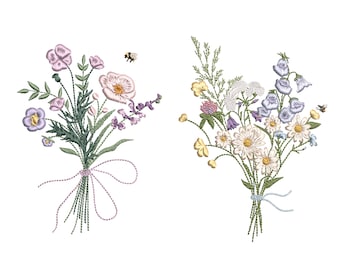 Wild flower Bouquet Machine Embroidery Design Set, 2 Easter Floral Meadow Bouquets Instant Download Zip - 8 Sizes