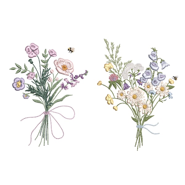 Wild flower Bouquet Machine Embroidery Design Set, 2 Easter Floral Meadow Bouquets Instant Download Zip - 8 Sizes