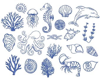 20 Marine Machine Embroidery Design elements, Sea Shell Octopus Dolphin Corals Pattern Instant Download Zip File - 7 sizes