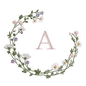 Delicate Wildflower Monogram Wreath Machine Embroidery Design, Botanical Flower Pattern Instant Download Zip - 6 sizes