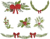 6 Christmas Elements - Machine Embroidery Design, Holly Pine Branches Bow Branch, Border and Corner Instant Download Zip - 6 sizes