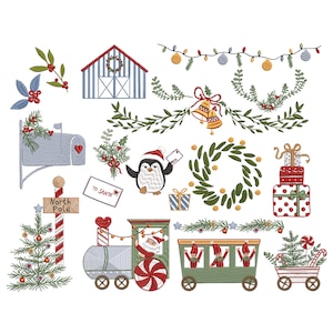 22 Christmas North Pole Express Elements for Machine Embroidery, Winter Holiday Train Penguin Design Pattern Instant Download Zip -5 sizes