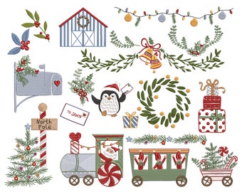 May include: A set of 14 Christmas-themed embroidery designs featuring a penguin, a train, a wreath, a mailbox, a barn, a Christmas tree, a sign that says "North Pole", and other festive elements.