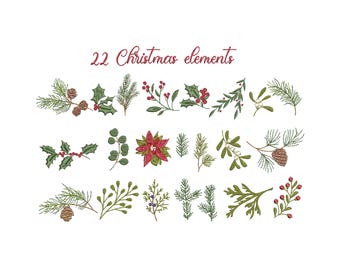 22 Christmas Botanicals Machine Embroidery Design,  Pattern Instant Download Zip -5 sizes