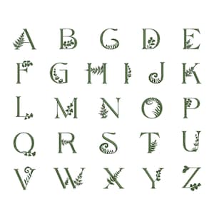 May include: A green alphabet with leafy embellishments. Each letter is outlined in black and has a unique leafy design.