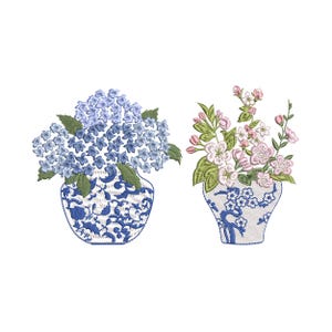 Chinoiserie kersenbloesem en hortensia vaas machineborduurwerk ontwerpset, patroon instant download zip - 8 maten