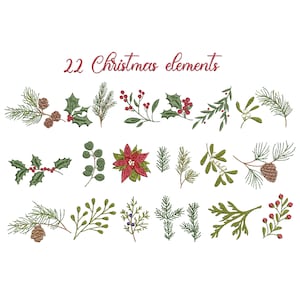 22 Christmas Botanicals for Machine Embroidery, Winter Mini Flower Botanical Bundle Design Pattern Instant Download Zip -5 sizes