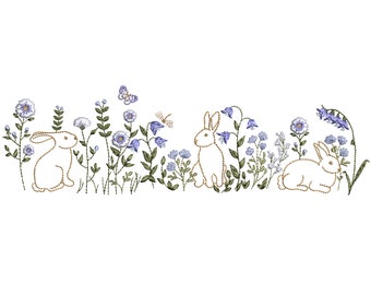 Easter Meadow Border Machine Embroidery Design, Flower Bunny Floral Instant Download Zip - 5 Sizes