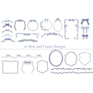 May include: A set of 25 blue and white bow and frame designs. The designs include various shapes, sizes, and styles of bows and frames, including circles, squares, and ribbons.