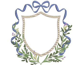 May include: A decorative shield with a blue ribbon bow and green leafy branches with small purple flowers. The shield is surrounded by a rope-like border.