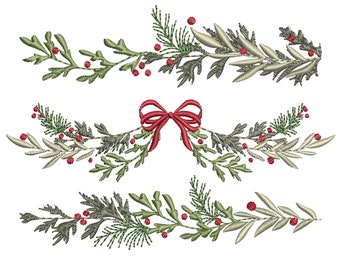 May include: Three embroidered wreaths with green leaves, red berries, and a red bow in the center wreath.