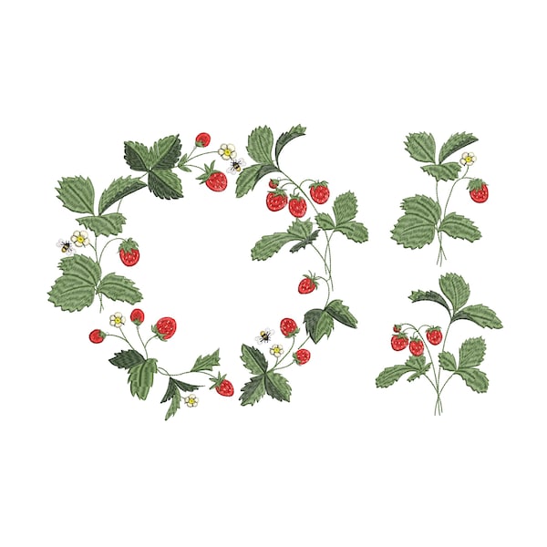 Diseño de bordado a máquina de corona y ramas de fresas silvestres, patrón de descarga instantánea en formato Zip - 8 tamaños