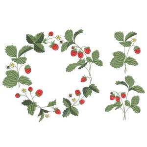Wild Strawberry Wreath and Branches Machine Embroidery Design Set, Garden Flower Pattern Instant Download Zip - 8 sizes