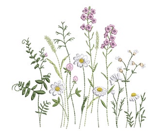 May include: Embroidered design of a bouquet of wildflowers, featuring white daisies, pink flowers, and green stems.