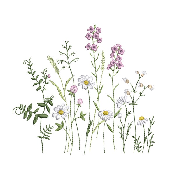 Romantische Wildblumenwiese Maschinenstickerei Design, botanisches Blumenmuster Instant Download Zip, 5 Größen