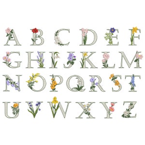 Flower Alphabet Machine Embroidery Design Package, Monogram Font Script Letter - 5 Sizes + BX