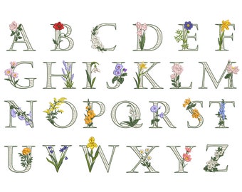 Paquete de diseño de bordado de máquina de alfabeto de flores, letra de guión de fuente monograma - 6 tamaños + BX