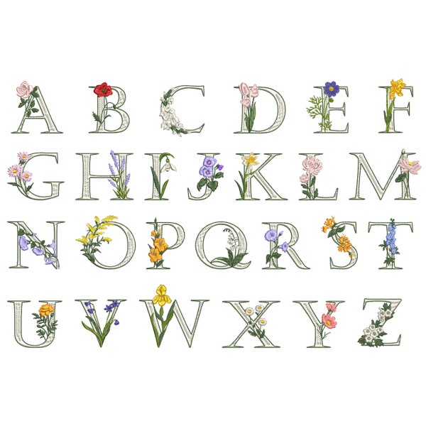 Flower Alphabet Machine Embroidery Design Package, Monogram Font Script Letter - 5 Sizes + BX