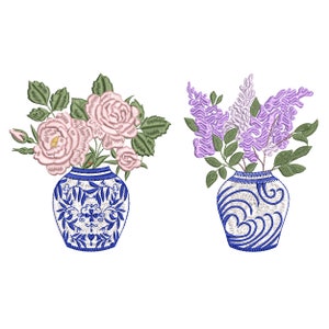 Chinoiserie Lilac and Peony Vase Machine Embroidery Design Set, Blue and White Lilacs Peonies Flower Pattern Instant Download Zip - 7 sizes