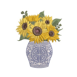 Chinoiserie Sunflower Machine Embroidery Design, Blue and White Thanksgiving Pattern Instant Download Zip - 6 sizes