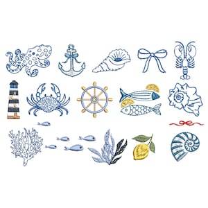16 Tiny Coastal Machine Embroidery Design Elements, Mini Marine Nautical Seashell Lobster Octopus Pattern Collection Download Zip, 7 sizes