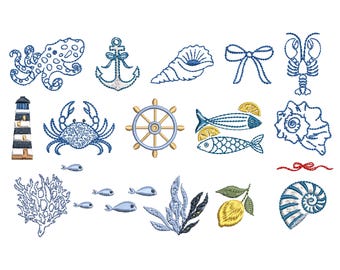 16 Tiny Coastal Machine Embroidery Design Elements, Mini Marine Nautical Seashell Lobster Octopus Pattern Collection Download Zip, 7 sizes