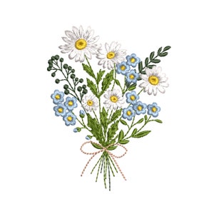Gänseblümchen und Vergissmeinnicht Blumenstrauß für Maschinenstickerei, Botanisches Hochzeitszweigmuster Instant Download Zip - 8 Größen